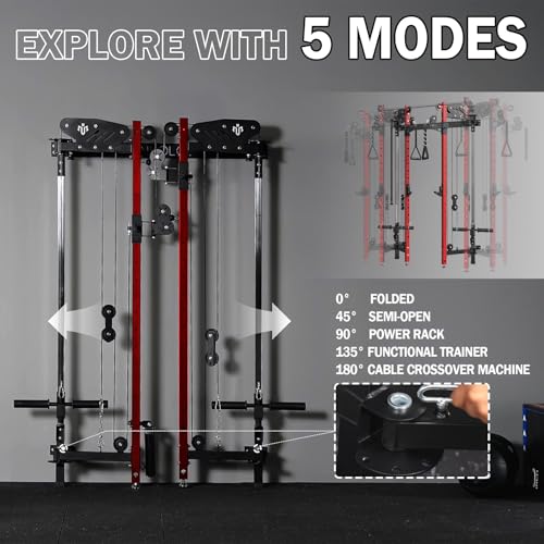 Mikolo Folding Squat Rack, Wall Mounted Power Rack with Cable Crossover Machine & LAT Pull Down, Functional Trainer with 5 Adjustable Function Modes