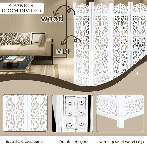 Lightnpro Wooden Room Divider - Handmade Foldable Partition Screen with Intricate Oval Carved Design Hinged