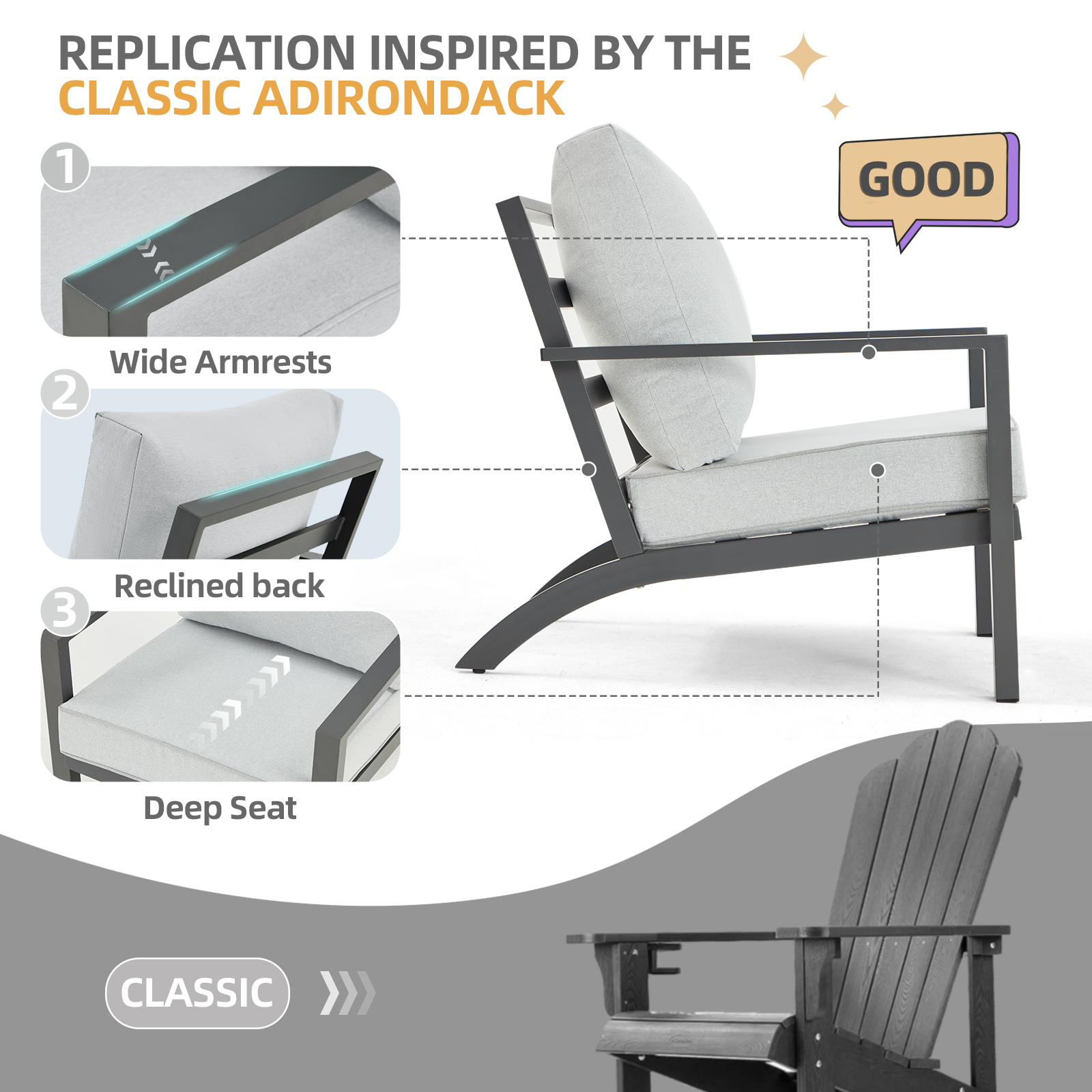AECOJOY Aluminum Patio Furniture Set Modern Metal Outdoor Patio Furniture Clearance, Adirondack Patio Conversation Sets for Lawn, Backyard