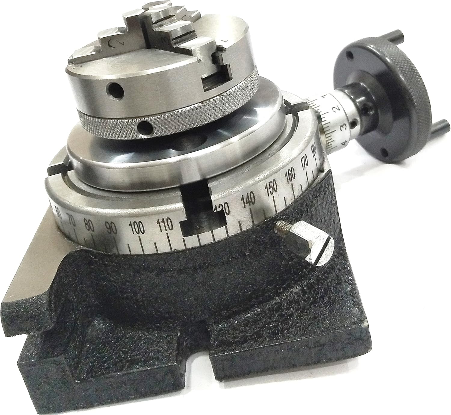 QUALITY PRECISION HORIZONTAL VERTICAL MILLING INDEXING 4/ 100 ROTARY TABLE WITH CHUCK & FIXING T NUT BOLTS (WITH 70 MM 4 JAW DOG CHUCK)