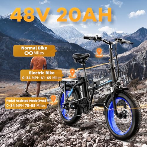 1000W Folding Electric Bike, 48V 20AH Large Removable Battery E Bike, 30+MPH, 80 Miles Max Range, 20" Fat Tire Electric Bike for Adults