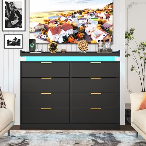 White Dresser with LED Lights, Wooden LED Dresser, 4 Drawer Chest with Charging Station, Tall Chest of Drawer Closet Organizer for Bedroom