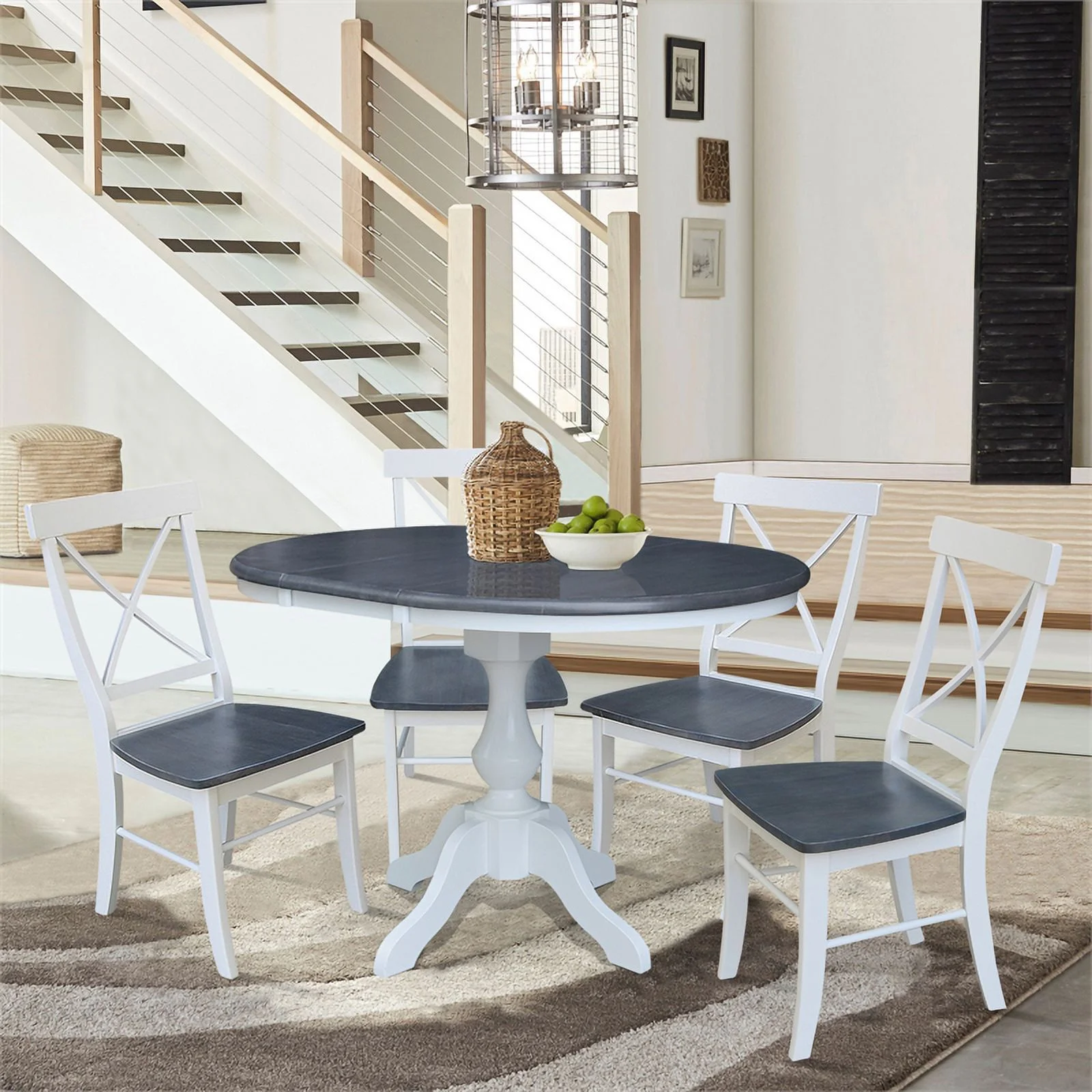 36 in Round Wood Extension Dining Table with 4 Chairs in White and Heather Gray