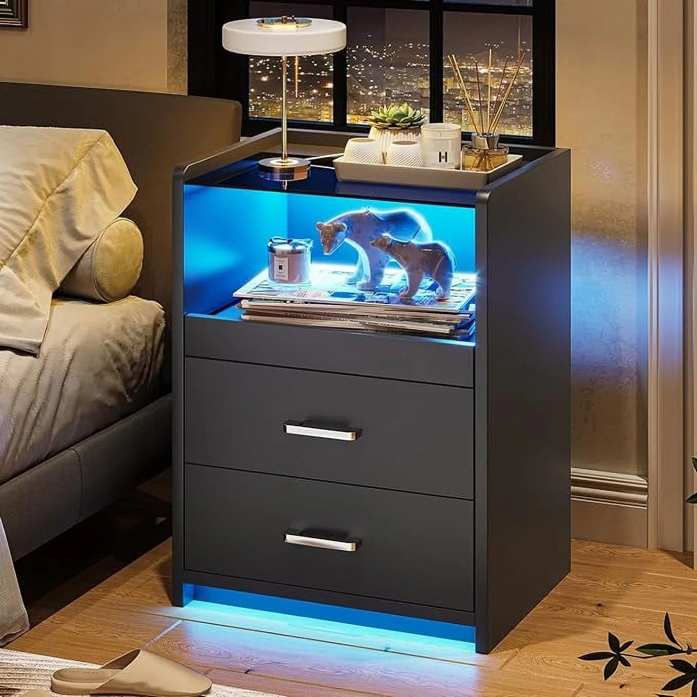 Black Nightstand with LED Lights and Charging Station,LED Nightstand with Sliding Storage Drawers & Shelf, Glass Top,Black