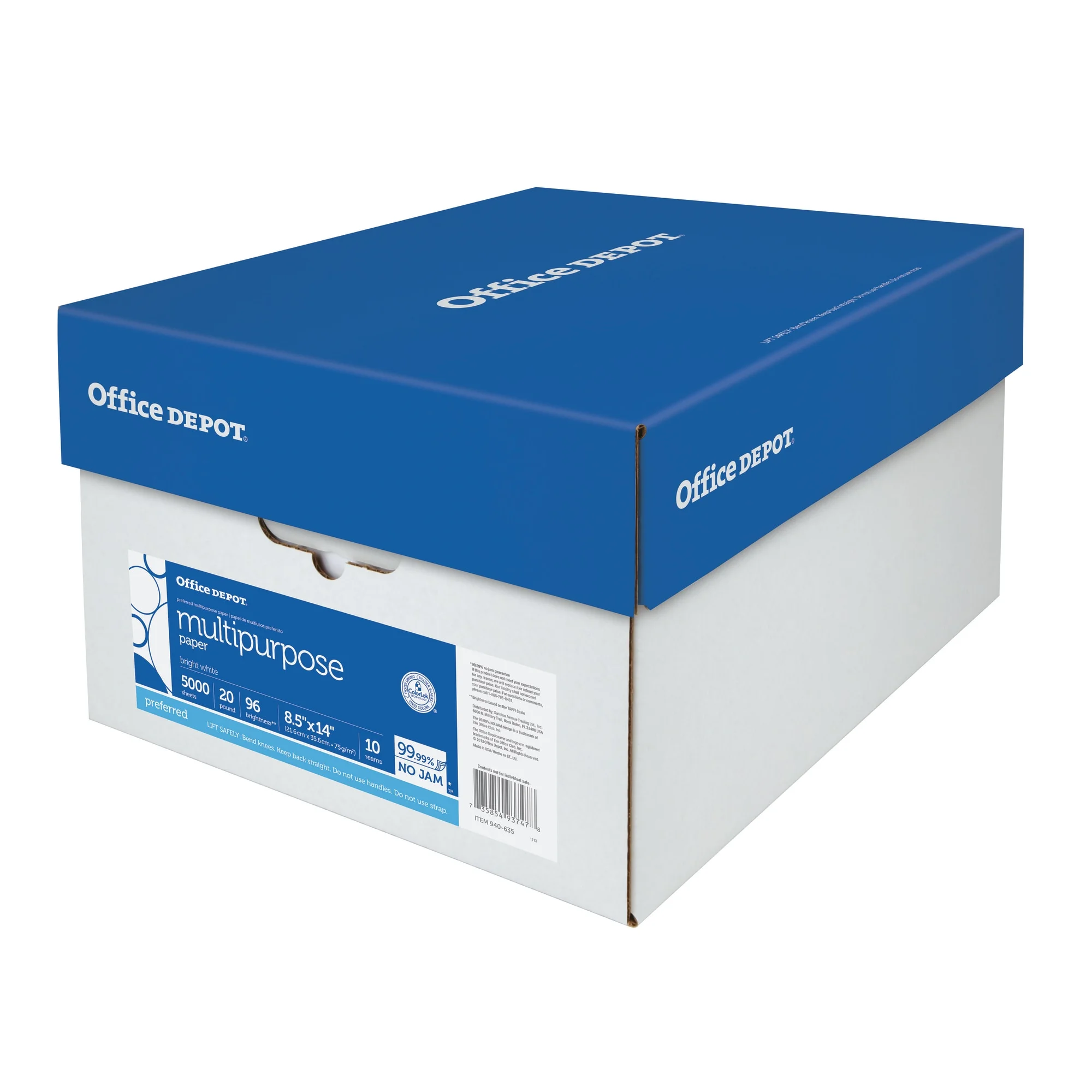 Office Depot® Multi-Use Printer & Copy Paper, White, Legal (8.5" x 14"), 5000 Sheets Per Case, 20 Lb, 96 Brightness