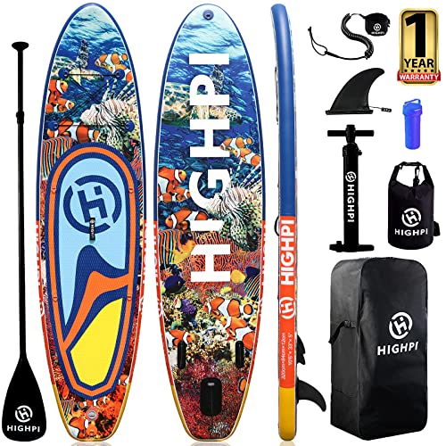 Highpi Inflatable Stand Up Paddle Board Premium SUP Accessories, Backpack, Wide Stance, Surf Control, Non-Slip Deck, Leash, Paddle and Pump