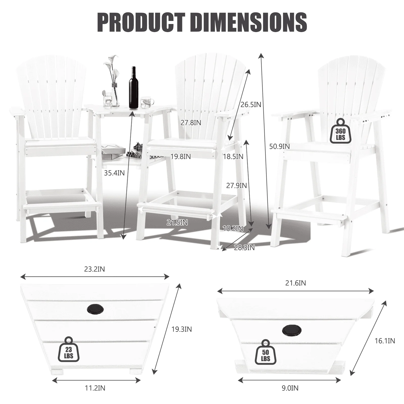 Tall Adirondack Chairs Set of 2 .Outdoor Adirondack Barstools with Double Connecting Tray Patio Stools Weather Resistant for Outdoor Deck Lawn Pool