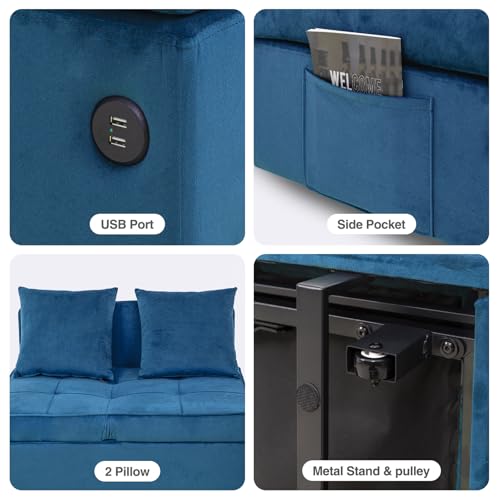 Sofa Bed 4-in-1 Convertible Pull Out Couch, Velvet Love seat Couch Sleeper Chair Bed with 2 Throw Pillow