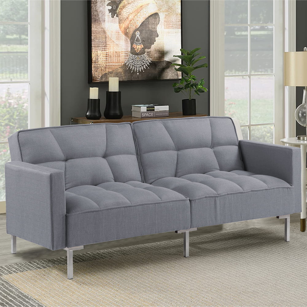 Gray Futon Sofa Bed, Convertible Folding Sofa Bed, Modern Upholstered Sleeper Sofa Bed with 2 Pillows and Metal Legs