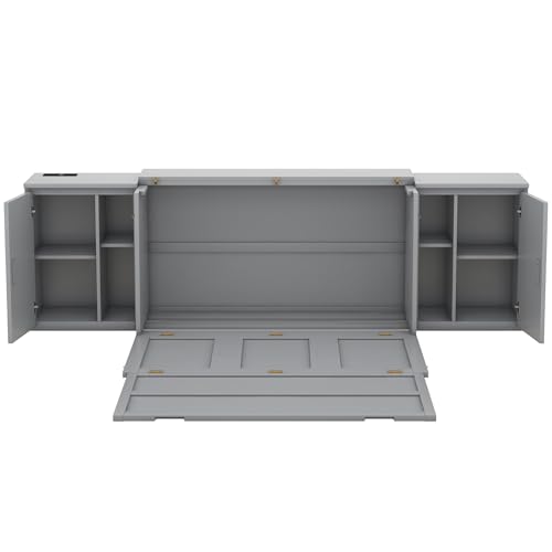 Full Size Murphy Cabinet Wall Bed With Storage and Bookcase Headboard, Solid Wood Cabinet With Shelves and USB Ports, Platform Floor for Home Office