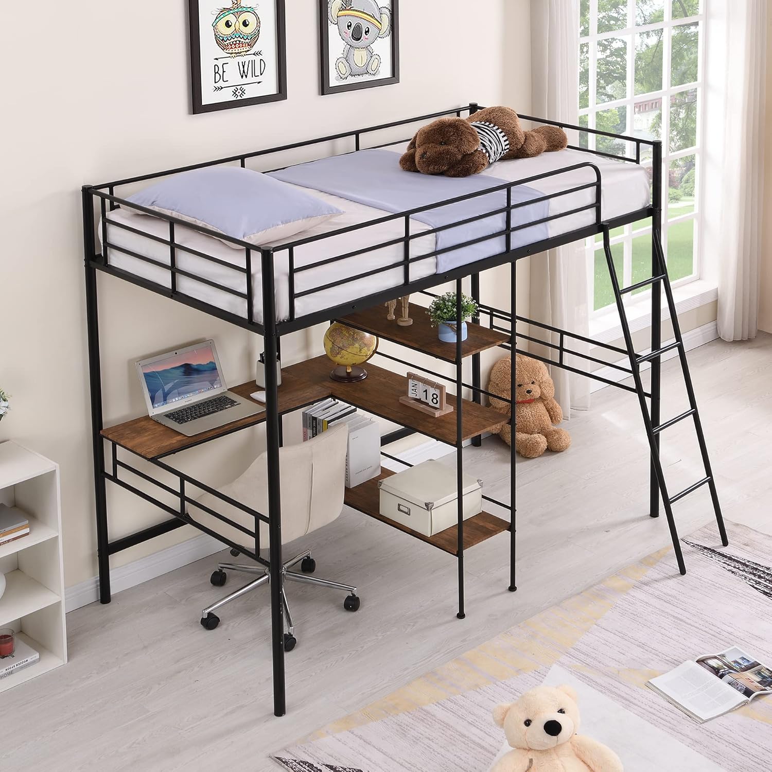 Twin Size Loft Bed with Built-in Desk and Shelves, Metal High LoftBed Frame w/Large Storage Space for Bedroom Guest Room Dorm, Black