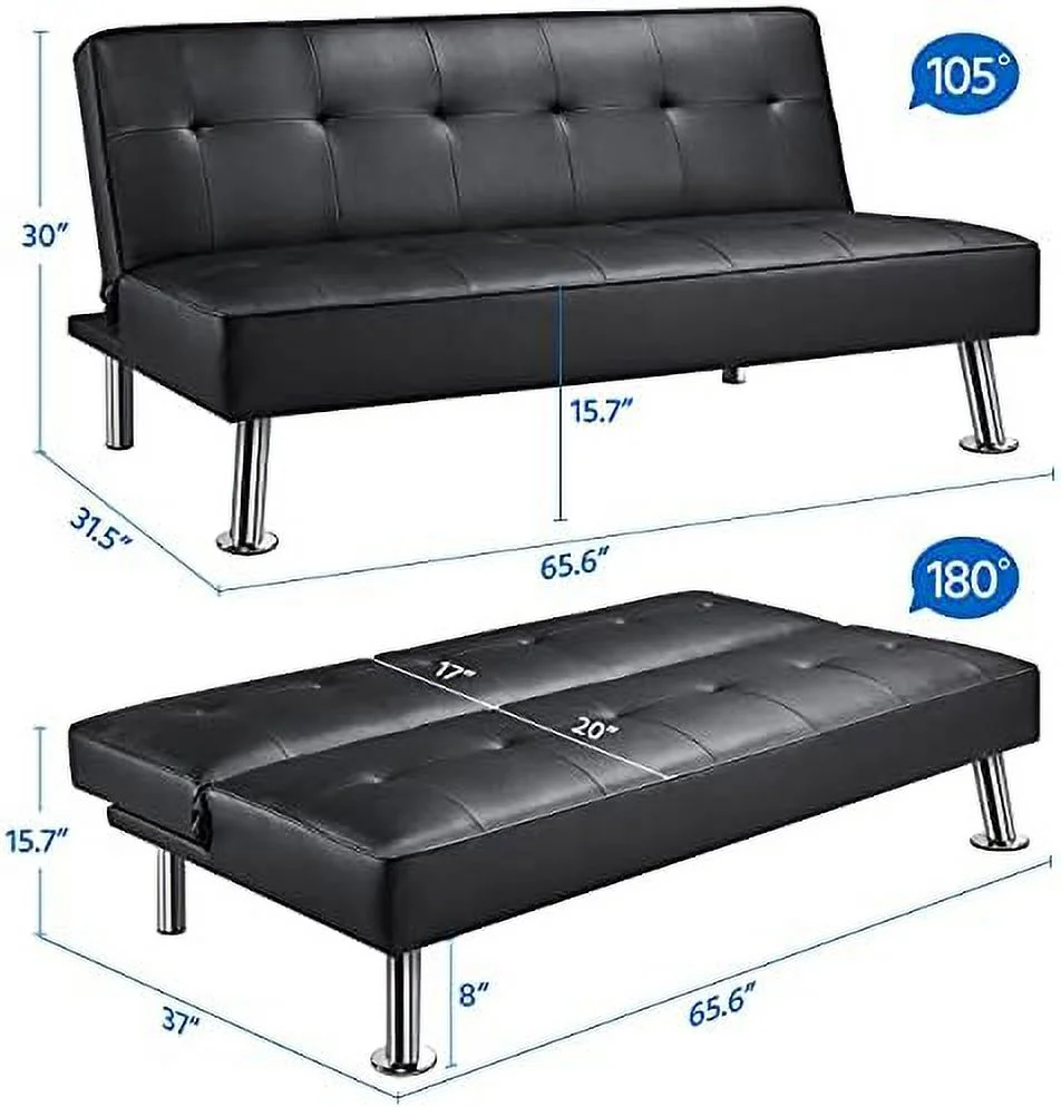 RUNFAYBIU Modern Folding Futon Loveseat Black Faux Leather Futon Sleeper Bed Convertible Futon Couch Bed for Living Room