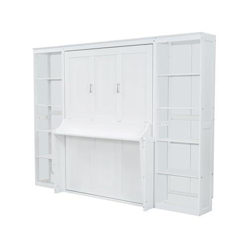 Queen Size Murphy Bed Wall Cabinet with 2 Wardrobe and Storage Shelf, Wooden Murphy Cube Wall Bed