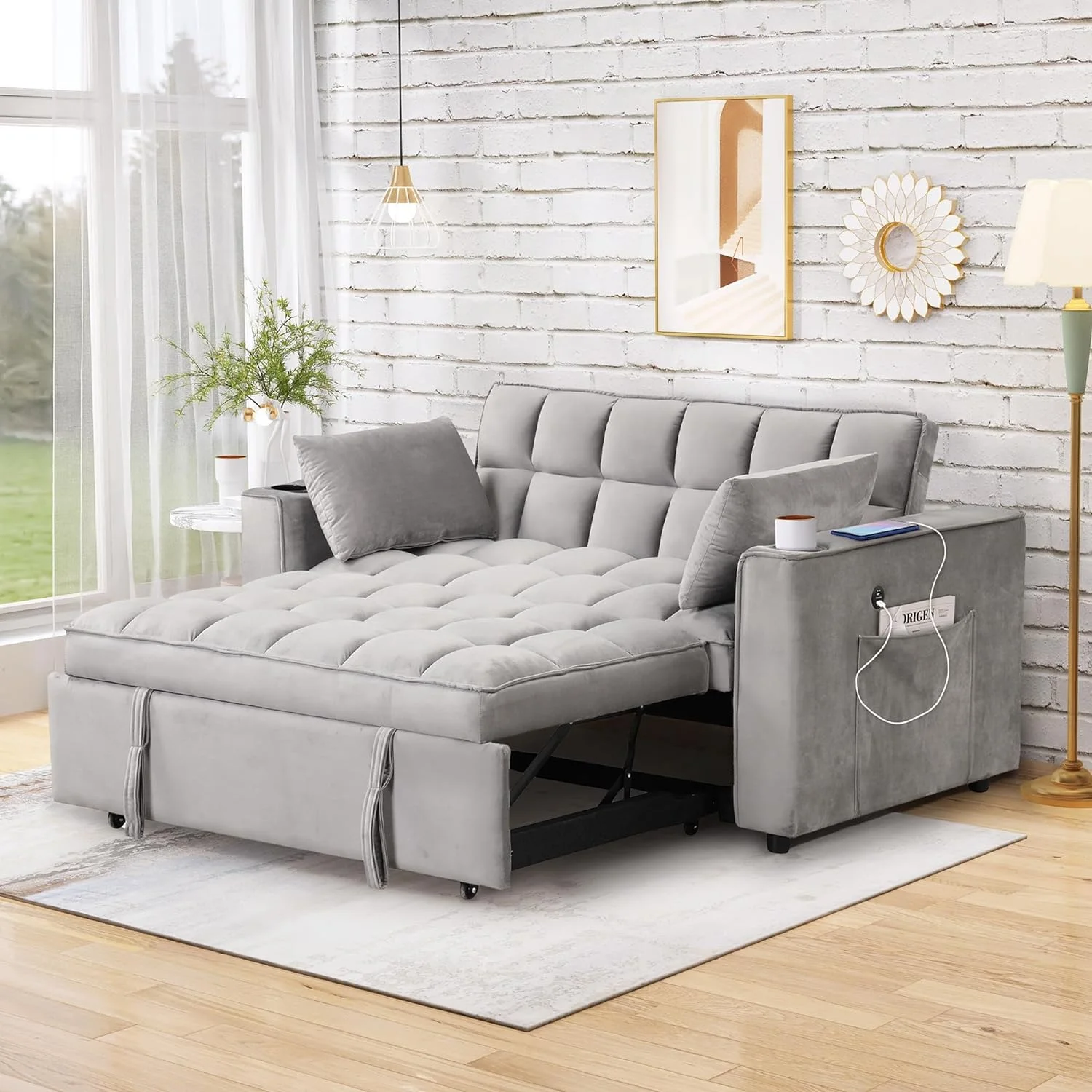Convertible Sofa Couch With Pull Out Bed, 3-In-1 Multi-Functional Sofa Bed With Cup Holder And USB Port