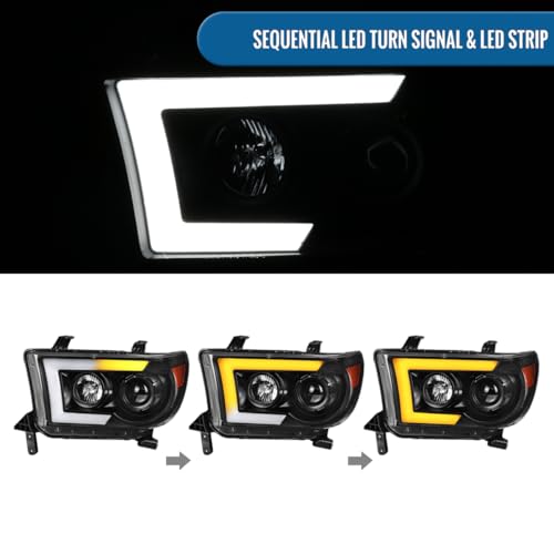 Fits 2007-2017 Toyota Tundra Sequoia Projector Headlights LED Switchback Sequential Turn Signals Replacement Assembly Pair | Black