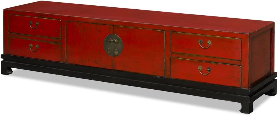 ChinaFurnitureOnline Elmwood Oriental Media Cabinet, Kang Style in Distressed Red Finish