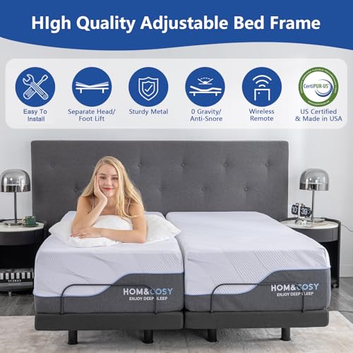 Split King Adjustable Bed Frame with Mattress, 12 Inch Grey Gel Memory Foam Medium-Firm Mattress in Box