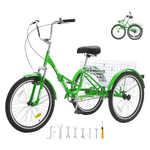 VEVOR Folding Adult Tricycle, 24-Inch Adult Folding Trikes, Carbon Steel 3 Wheel Cruiser Bike with Large Basket & Adjustable Seat