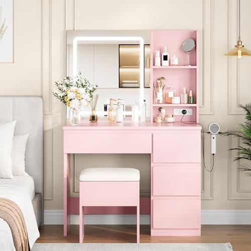Vanity Desk with Mirror and Lights - Modern Makeup Dressing Table with Outlets, Storage Stool, 4 Drawers & Hair Dryer Holder