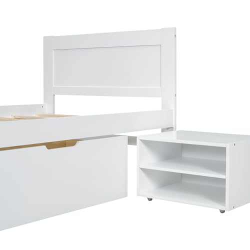 SOFTSEA Full Size Platform Bed with Storage, Platform Bed with Drawers and Bed End Case, Wood Platform Bed Frame with Storage Bookcase Headboard