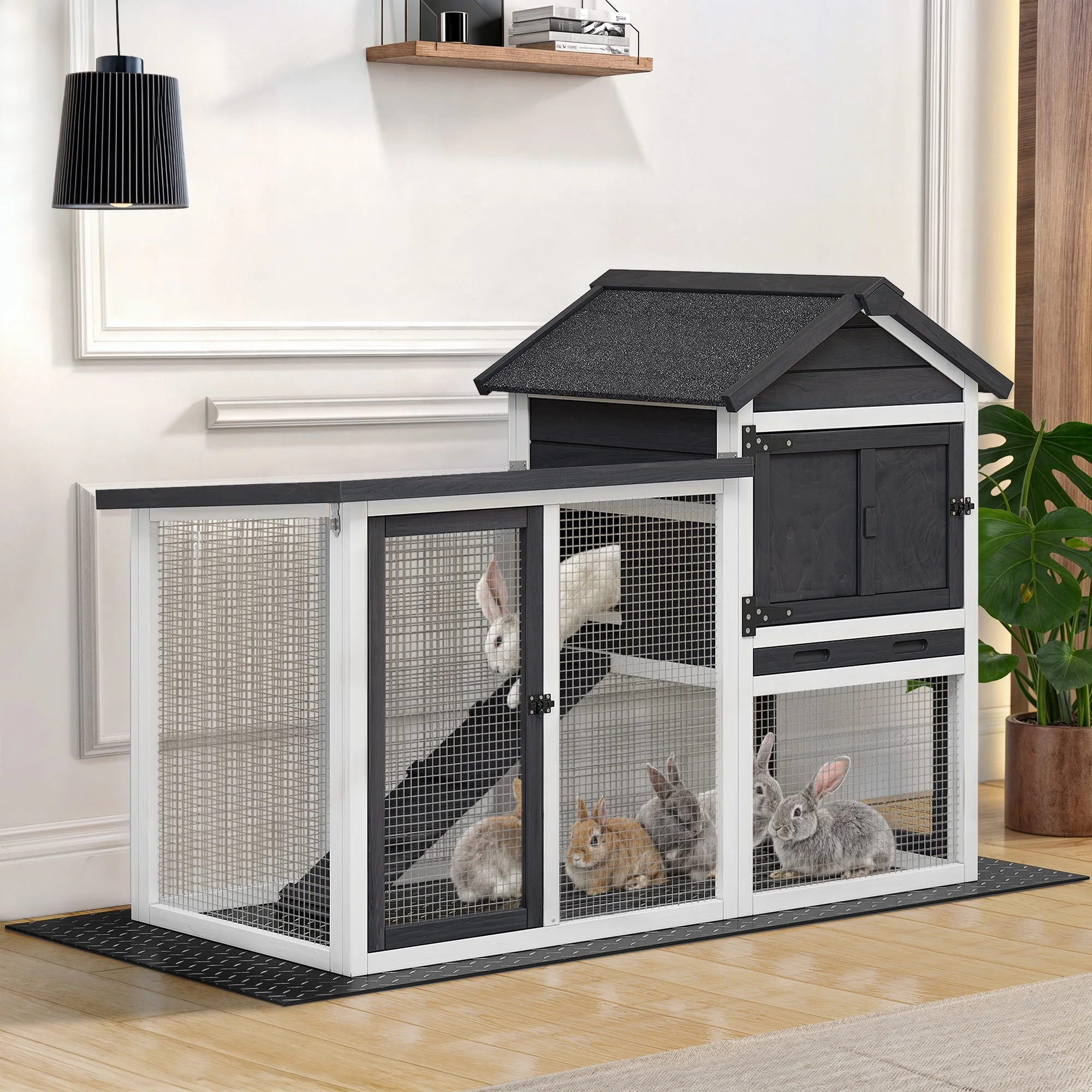 Dextrus Wooden Rabbit Hutch Bunny Cage Guinea Pig House with Waterproof Roof, PVC Mat, Pull-Out Tray - Black - Curated Treasures Market