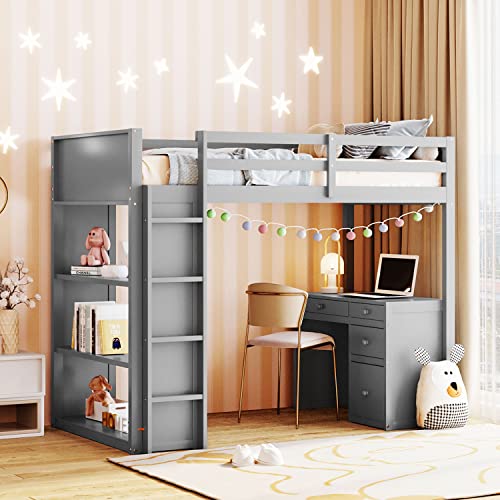 Harper & Bright Designs Full Size Loft Bed with Wardrobe and Desk, Solid Wood Loft Bed Frame with Storage, for Kids Teens Adults (Full Size, White)