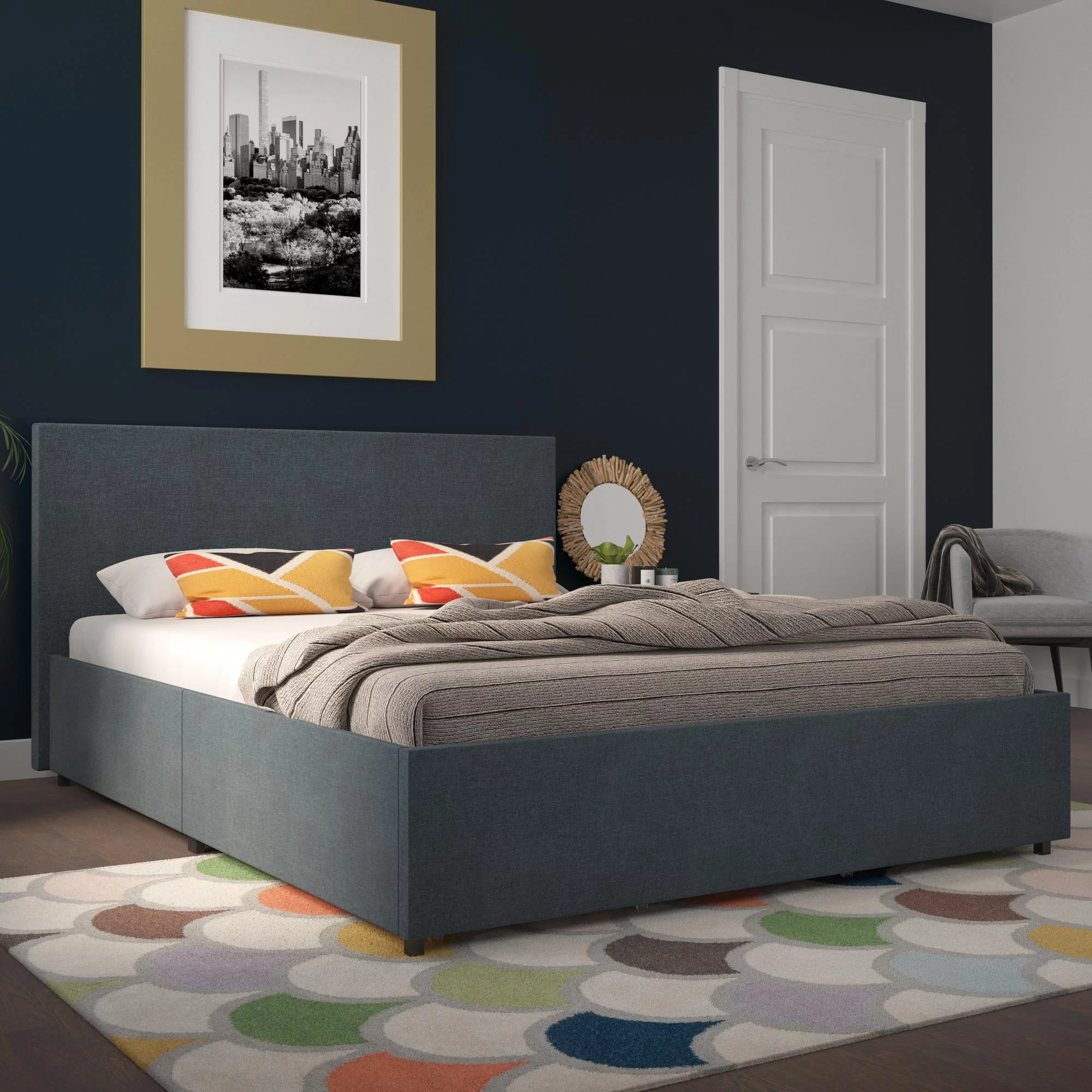 Novogratz Kelly Upholstered Storage Bed Frame, Full, Navy Blue Linen