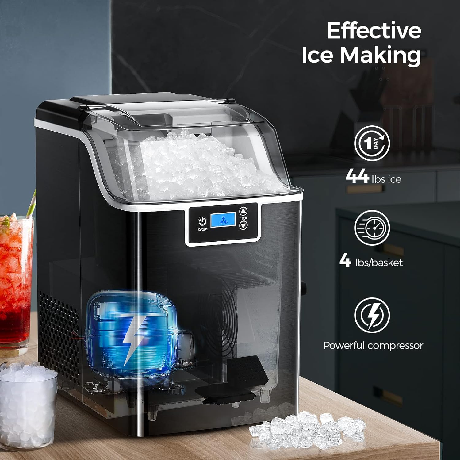 Ice Maker Countertop,Nugget Ice Maker with Self Cleaning,44lbs/Day,3.3lbs 1.5-Hour one Basket,24H Timer,LED Crushed Ice Maker for Home Bar Party