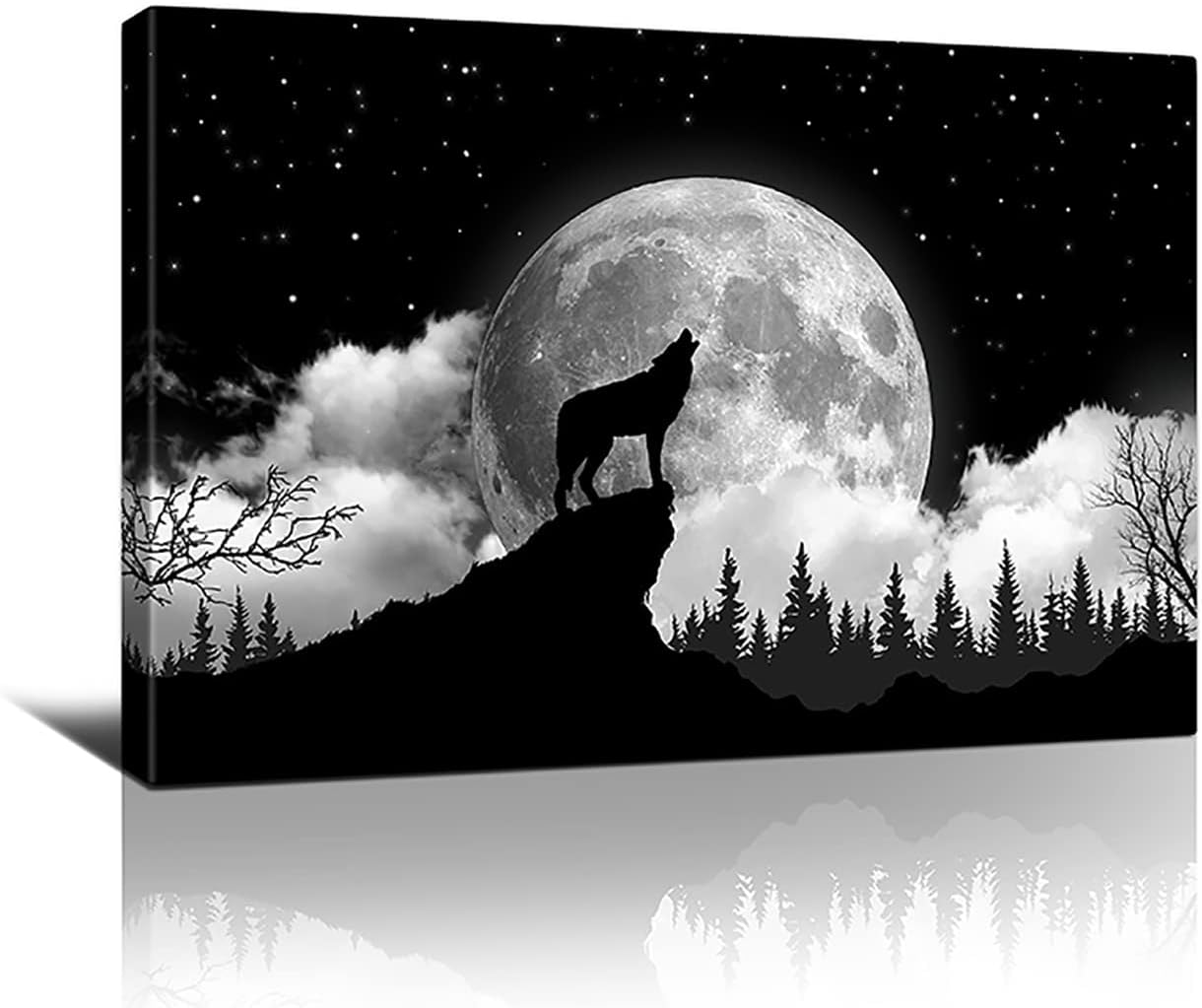 Wolf Canvas Print Wall Art Moon And Howling Wolf Painting Wall Decor Modern Artwork Framed Ready To Hang For Office Living Room Bedroom Kitchen Home