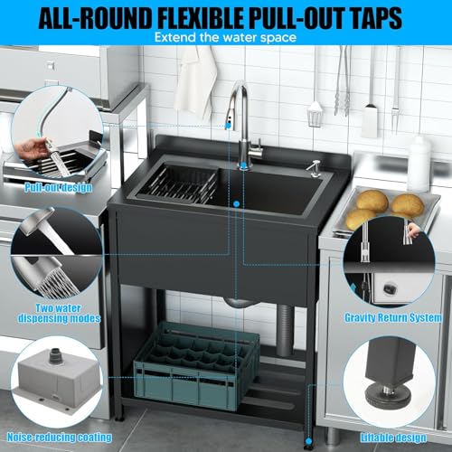 Stainless Steel Utility Sink, 30.8" × 22" × 39.5"Freestanding Sink with Cold and Hot Water Faucet,Hoses and Drain Kit for Kitchens, Bathrooms, Garage