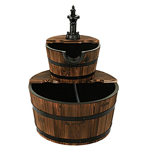 Giantex 2-Tier Barrel Waterfall Fountain Outdoor, Rustic Wood Barrel Cascading Water Fountain with Electric Pump
