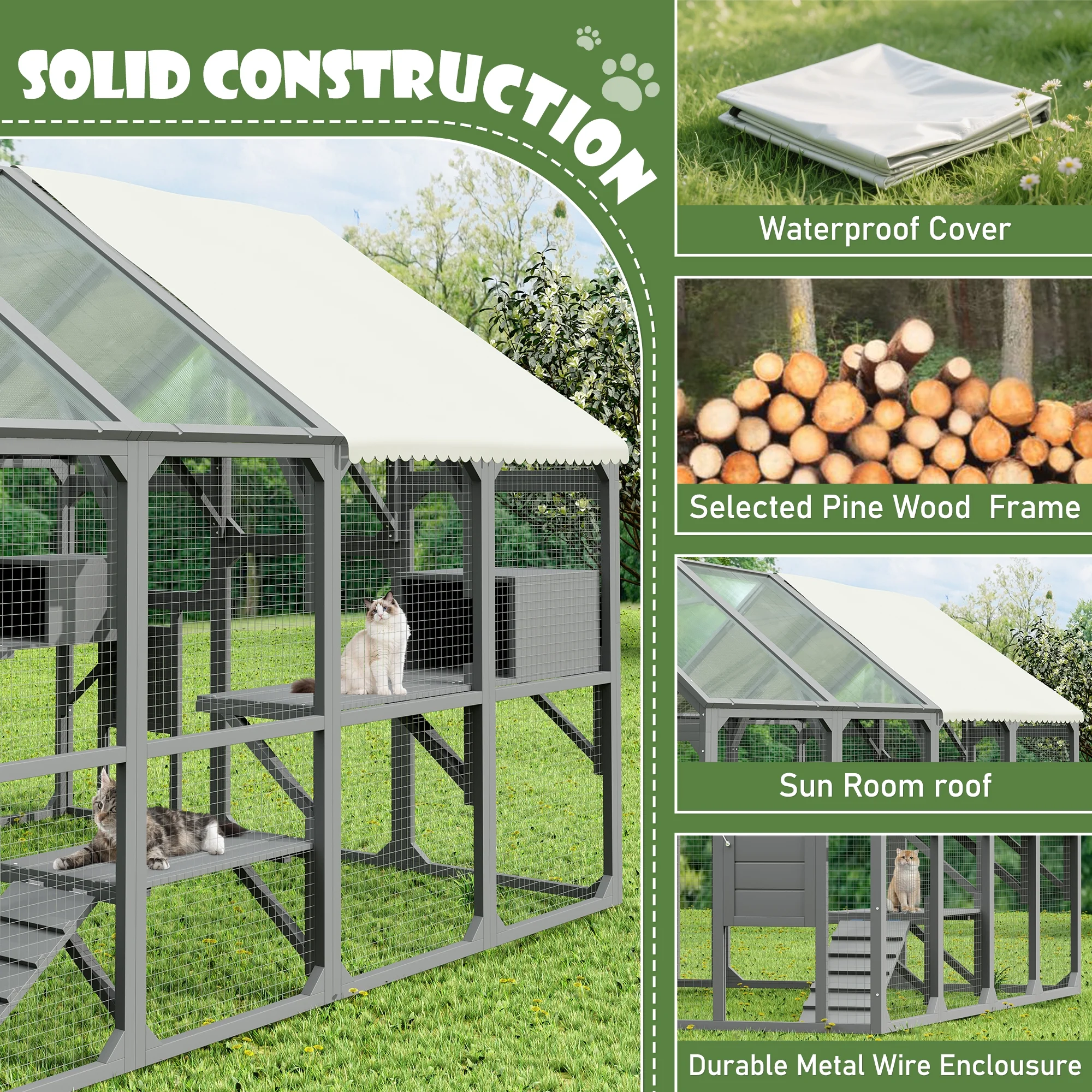 Montary Catio Outdoor Cat Enclosure with Window Access, 4-Tier Cat House with Wheels, Waterproof Roof &amp; Resting Box, Large Gray Cage
