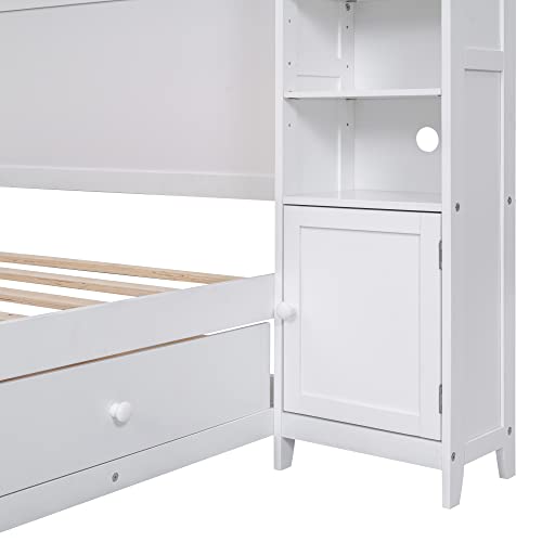 SOFTSEA Full Murphy Bed Wall Beds, Wood White Cabinet Bed 61.5” Foldable Platform Bed with Shelf for Guest Room
