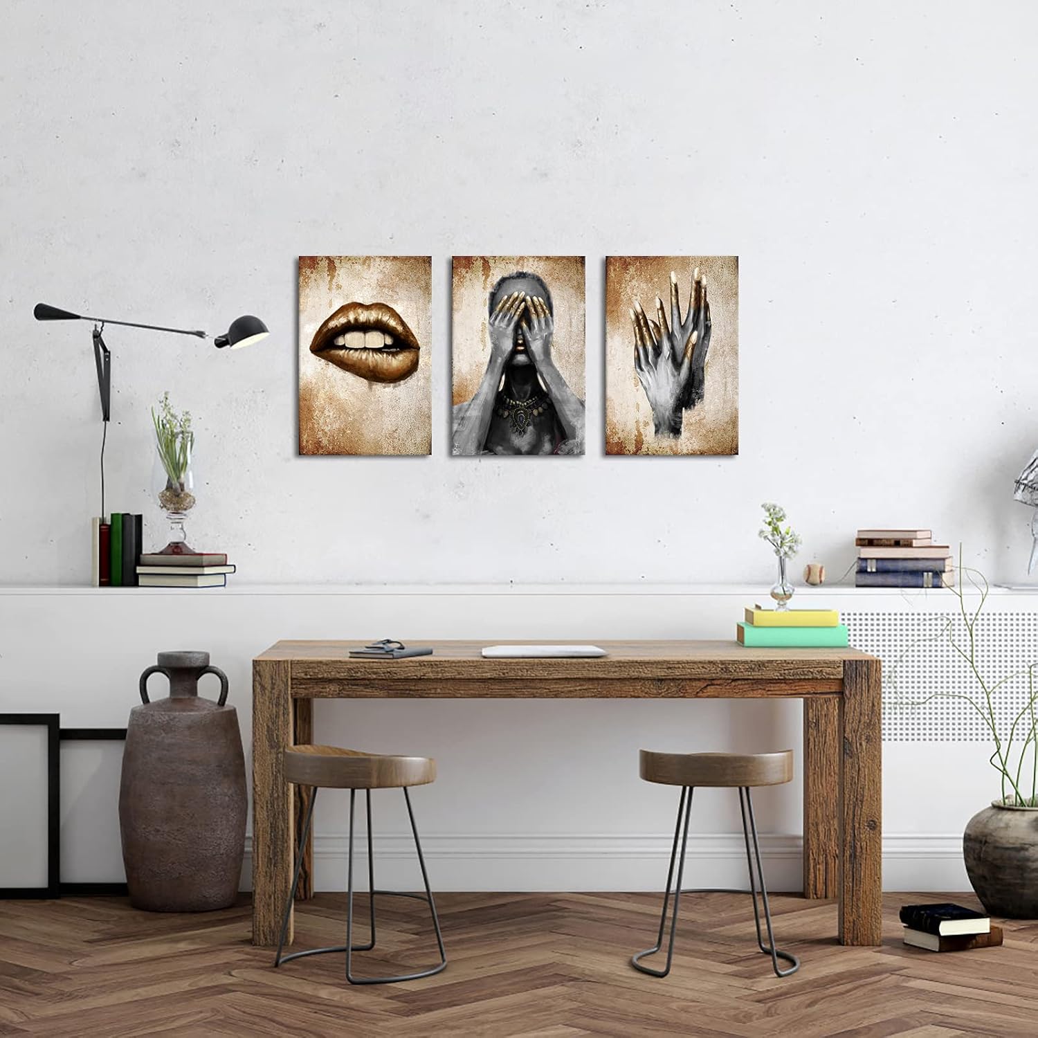 LevvArts 3 Piece African American Wall Art Fashion Black Woman with Golden Lip Nail Painting Poster Canvas Print for Home Beauty Room Bedroom Salon