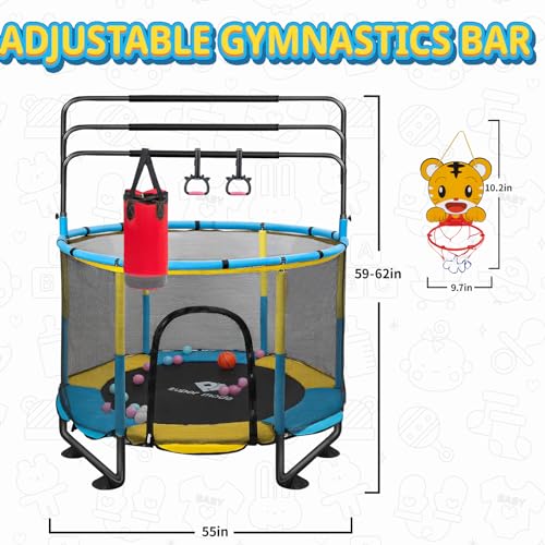 Trampoline for Kids, 5FT Adjustable for Toddler, Indoor/Outdoor Baby Trampoline with Enclosure Net, No-Gap Safe Design, Gifts for Boys & Girls