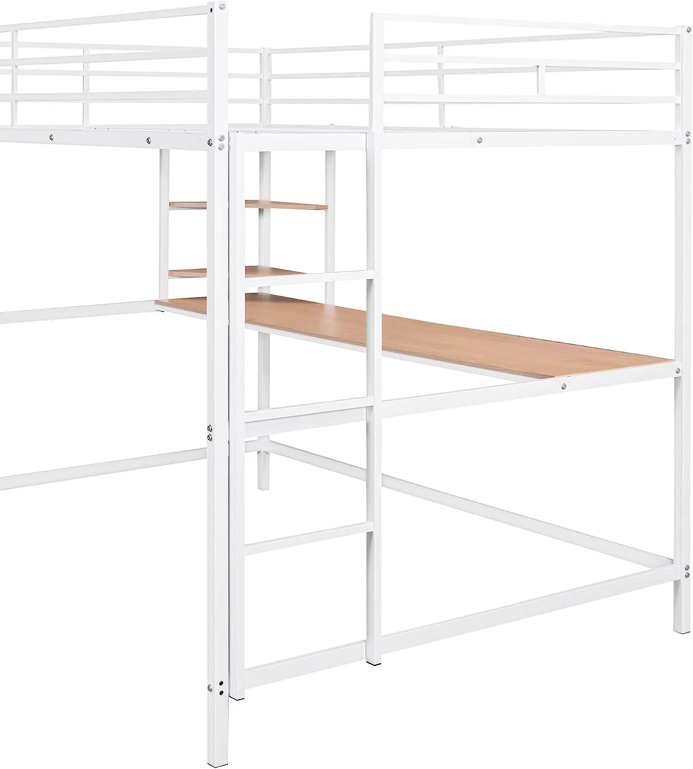 Full Size Metal Loft Bed With Long Desk, Shelves And Full Length Guardrails, Space-Saving Full Loft Bed For Bedroom, White