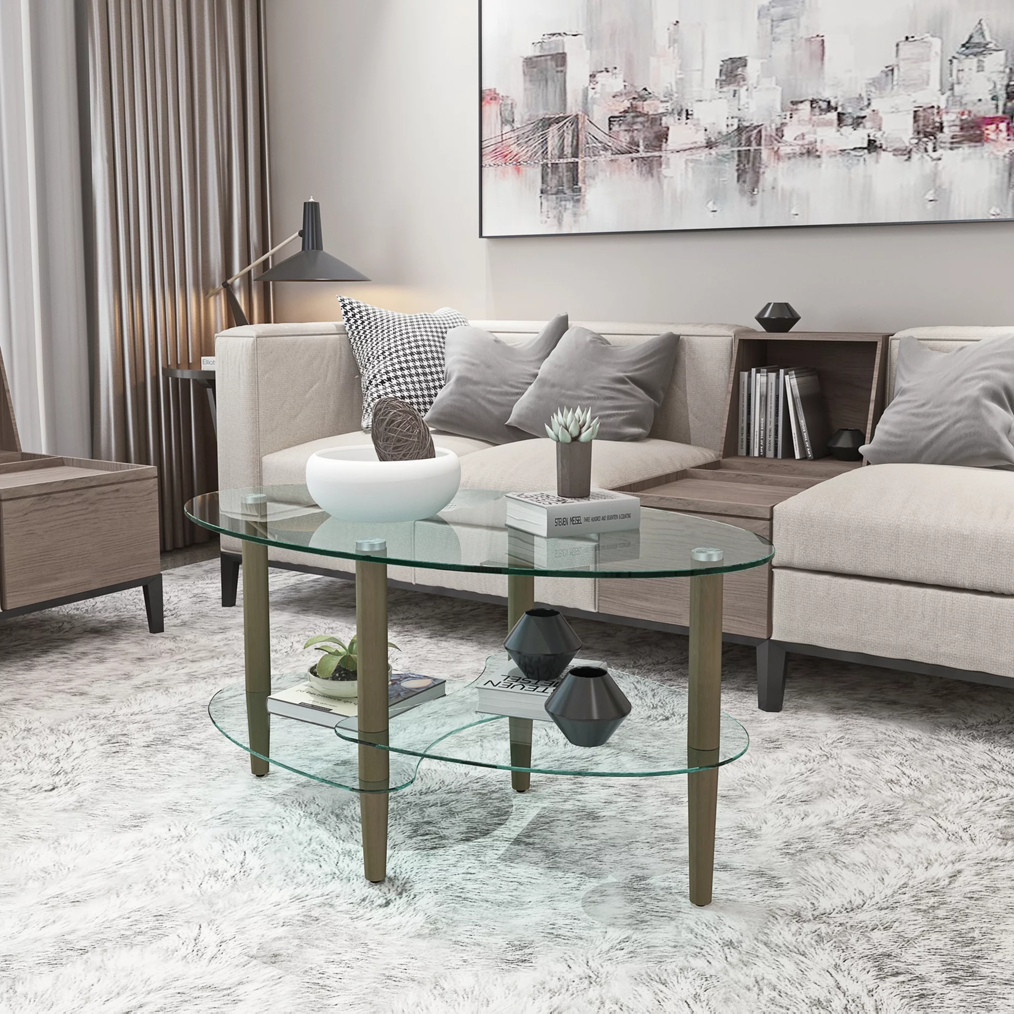 Modern Oval Glass Coffee Table with Storage for Living Room