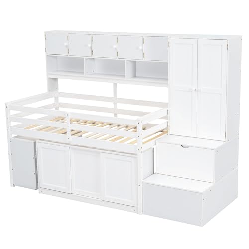 Harper & Bright Designs Full Size Loft Bed with Wardrobe, Wooden Full Loft Bed Frame Big Storage with Under-Bed Desk, Drawers and Shelves, Gray