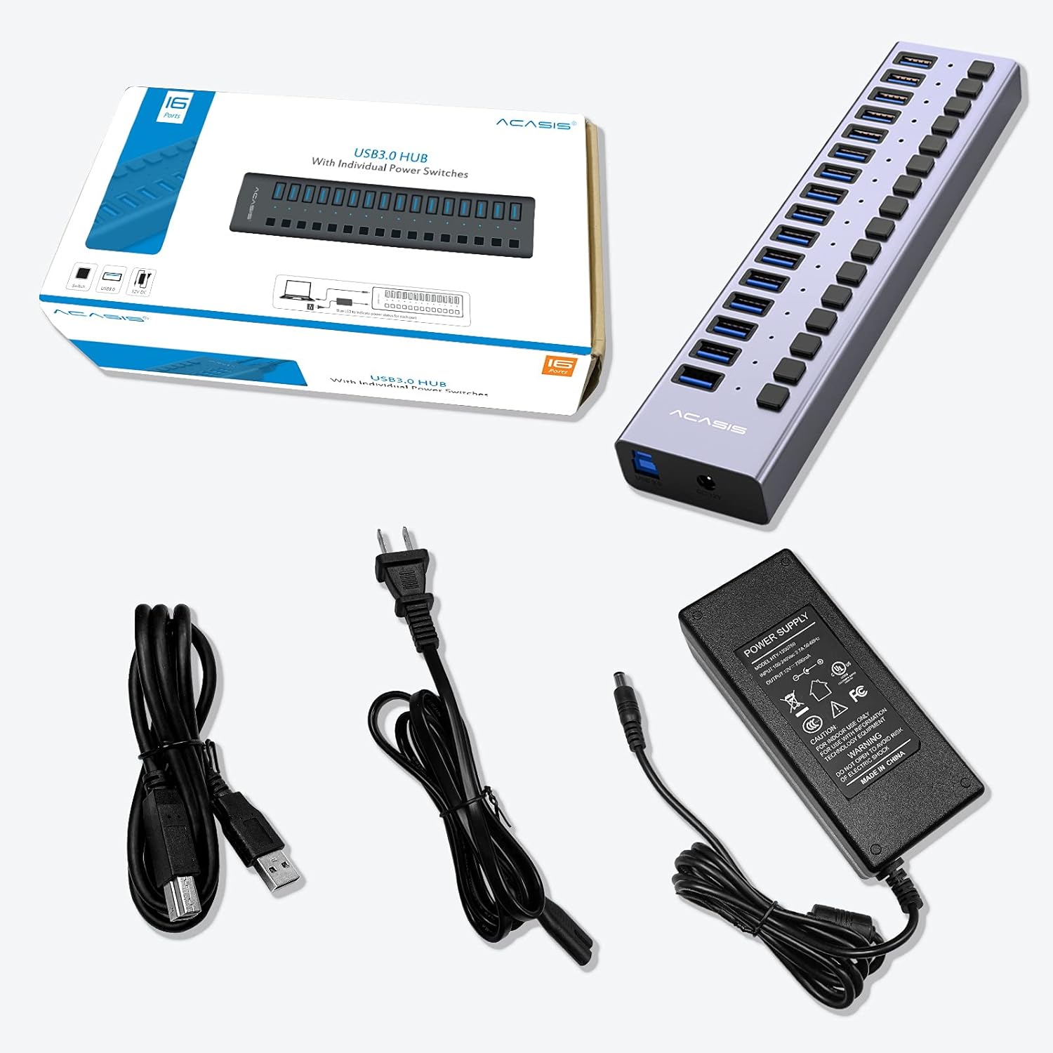 ACASIS Powered USB Hub 16 Ports USB 3.0 Data Hub with Individual On/Off Switches and 12V7.5A 90W Power Adapter USB Hub 3.0 Splitter for Laptop, PC