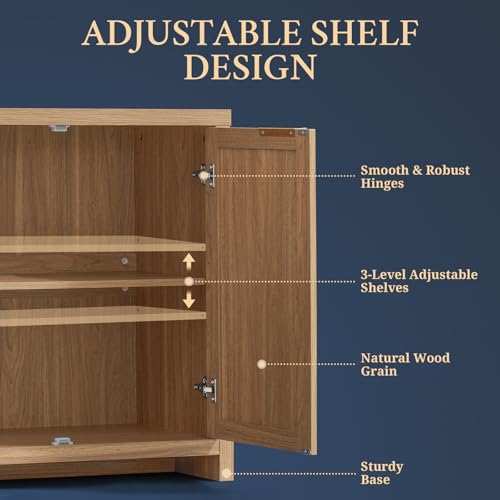 Hampstead Rattan 4-Door Storage Sideboard Cabinets with Adjustable Shelves, Boho Accent Buffet Cupboard Console for Kitchen, Living Room, and Hallway