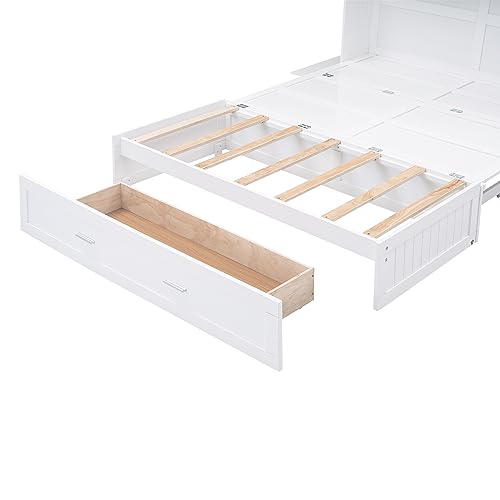 Ball & Cast Queen Size Murphy Bed,Murphy Bed Cabinet W/ 2 Five-Layer Cabinet,Hideaway Wall Bed W/LED Lights,Wood Hidden Bed Frame for Guest Room