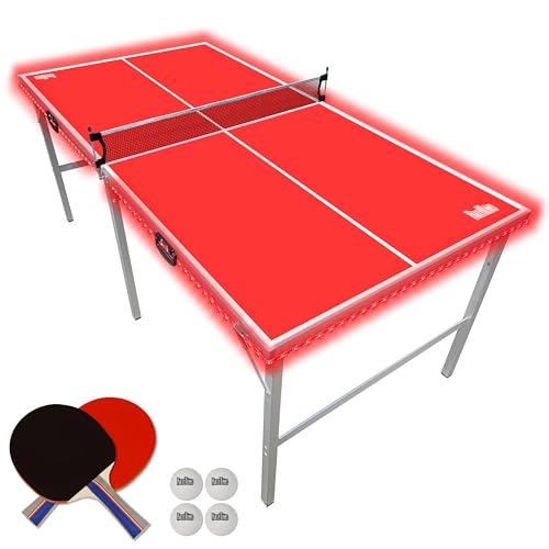 PartyLife 6 ft x 3 ft Ping Pong Table Tennis Table | Mid-Size Portable Folding Indoor Outdoor Ping Pong Table Tennis Table w/Optional LED Lights |