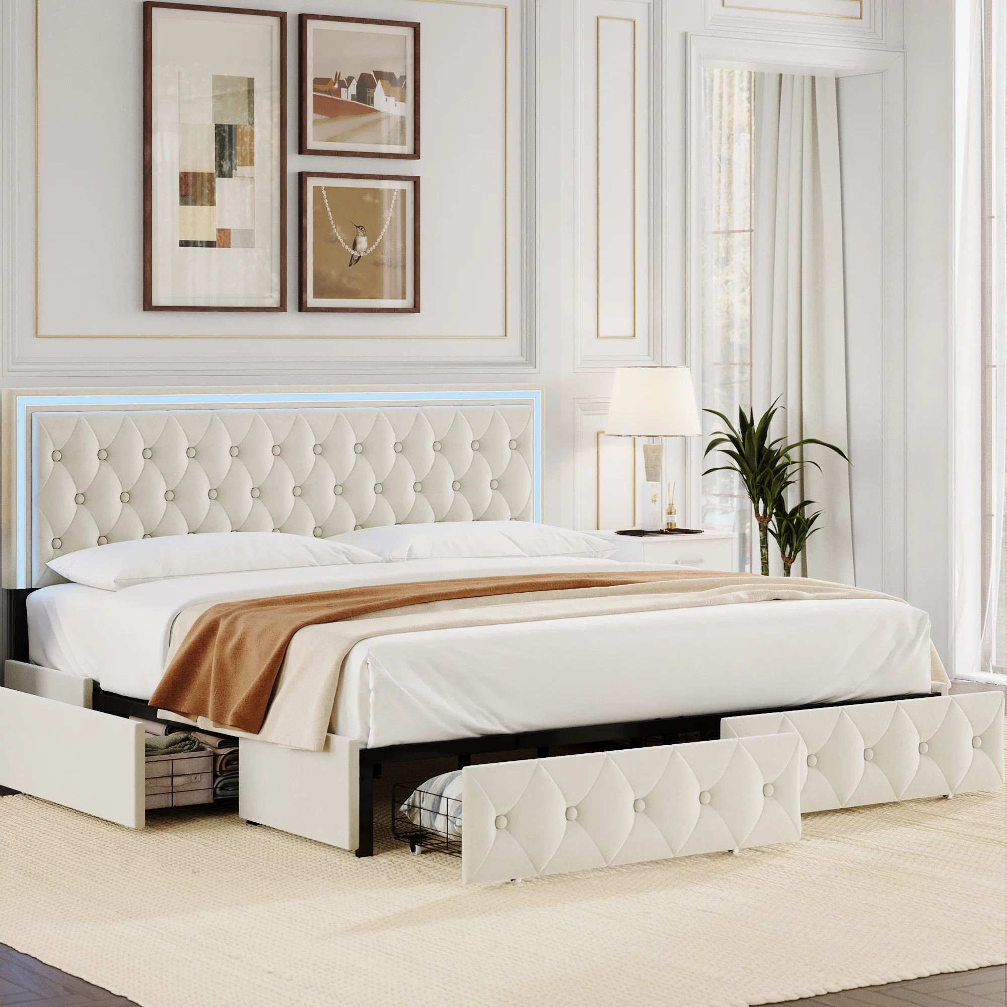 Homfa King LED Bed, 9 Colors LED Lights Platform Bed Frame with 4 Storage Drawers, Adjustable Upholstered Headboard with Button Tufted, Velvet Beige