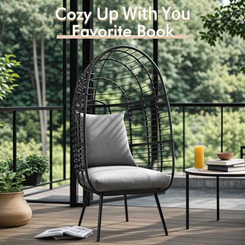 JOIVI Wicker Egg Chair, Oversized Indoor Outdoor Lounger Large Egg Basket Chair with Stand and Cushions for Patio Porch, Backyard, Living Room