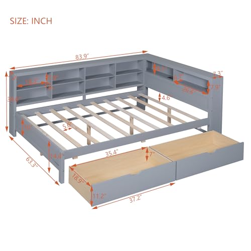 Twin Size Daybed with Bookcase and Drawers, L-Shape Daybed with USB Ports and Storage Headboard