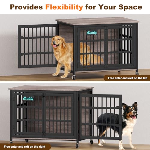 EasyCom 48"/42"/33" Dog Crate Furniture with Name Tag, Heavy Duty Dog Kennel Indoor for Large Dogs