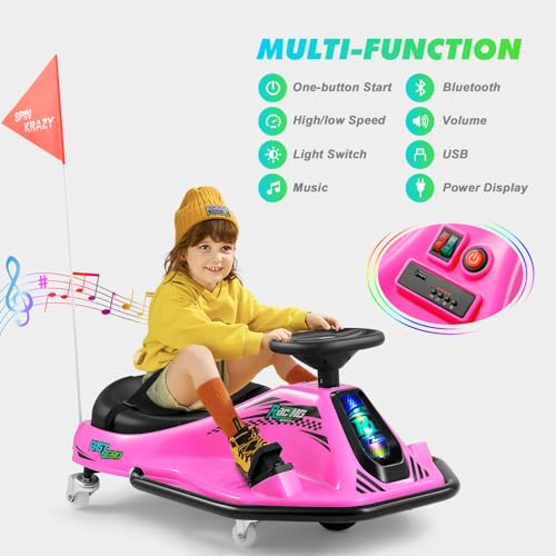 360 Degrees Rotating Ride On Drift Car and 2 Replacement Universal Wheels, 24V Electric Drifting Go Kart for Kids W/Brushless Motor, High/Low Speed