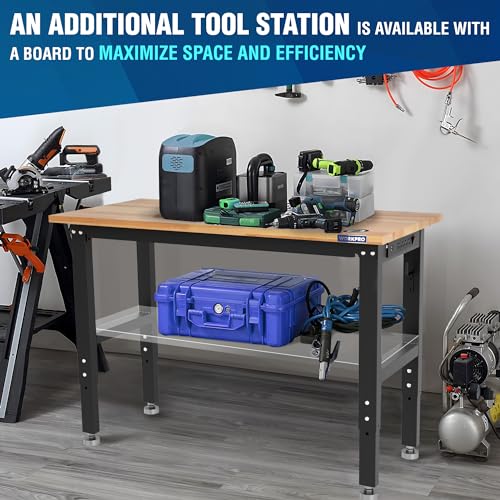 WORKPRO Adjustable Garage Workbench, 48"x22" Rubber Wood Top Heavy-Duty Work Desk with Power Outlets, Leveling Foot, 5 Heights