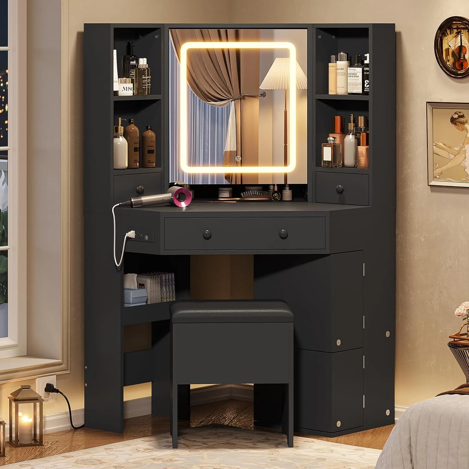 Corner Vanity Desk with LED Lighted Mirror & Rotating Shelves & Charging Station,Makeup Vanity Set with Mirror and Storage Stool