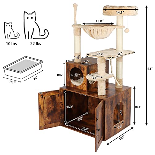 Cat Tree with Litter Box Enclosure, 2-in-1 Cat Tower for Indoor Cats, Large Wood Cat Condo with Basket, Scratching Posts, Pompoms, Rustic Brown